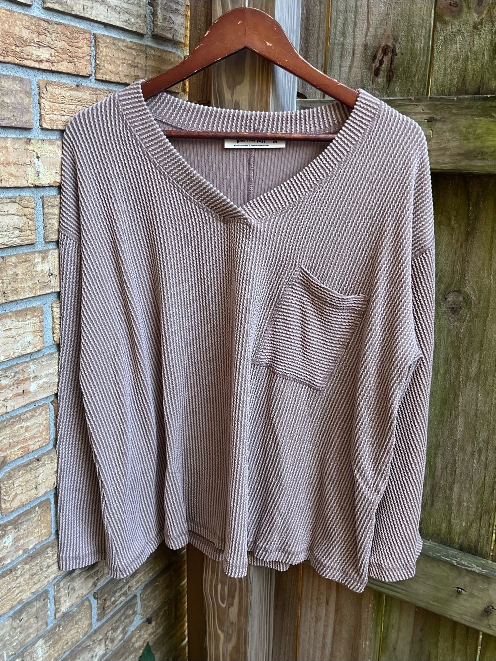 Three Bird Nest Taupe Ribbed V-Neck Long Sleeve Top